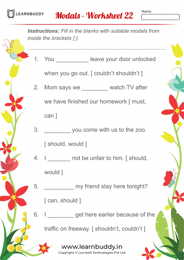 English worksheets for Class 1 (Adverbs, Articles, Modals) – Learnbuddy.in