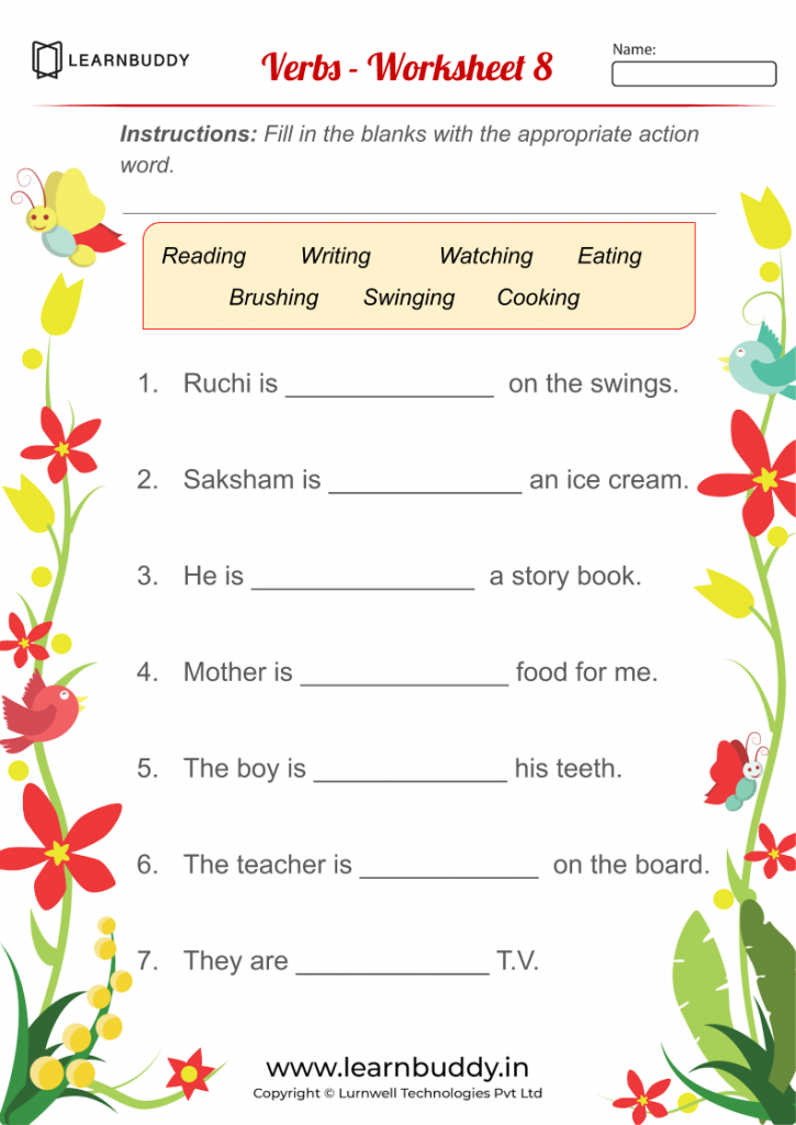 Free Downloadable English Worksheets Class 1 - Verbs - Worksheet 8